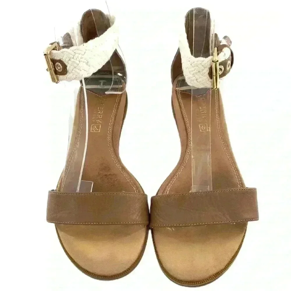 Sperry womens sandals size 5.5 brown leather nautical ankle strap cork wedges